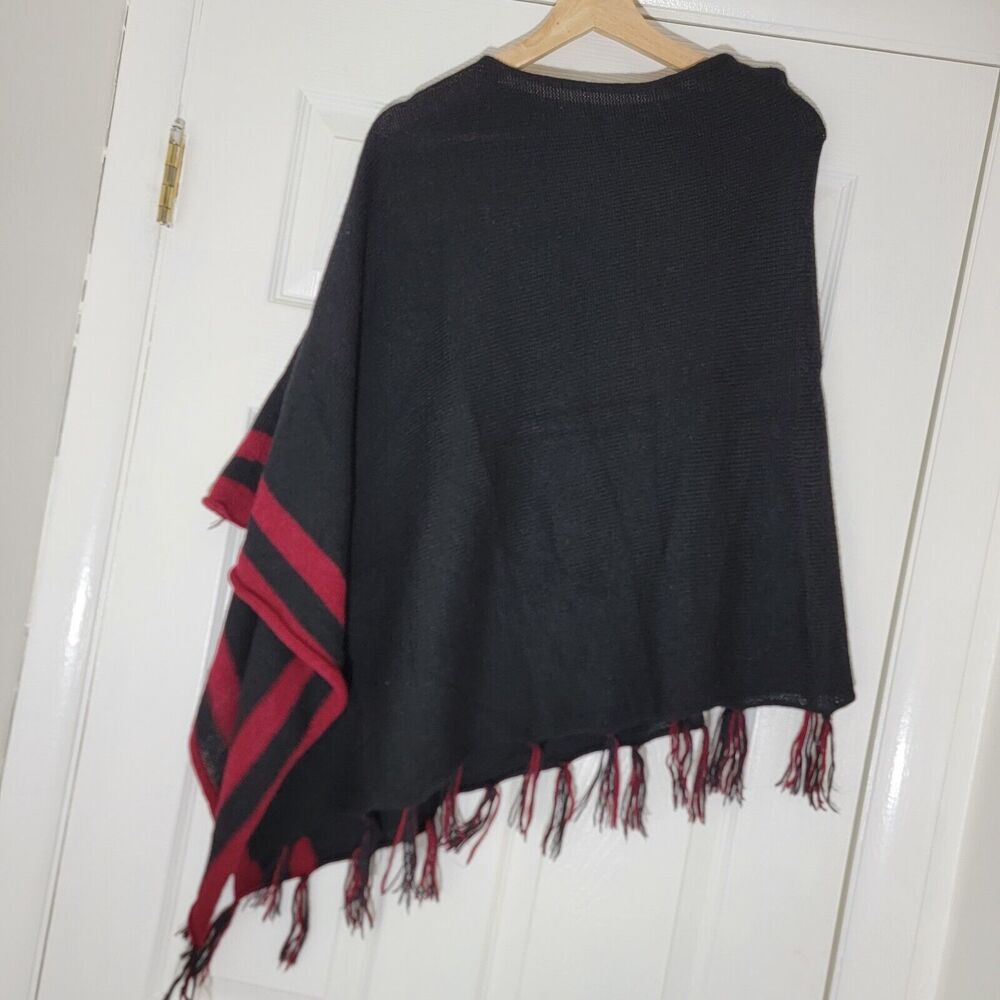 Invisible World 100% Alpaca Handwoven In Bolivia Black Red Fringed Poncho READ